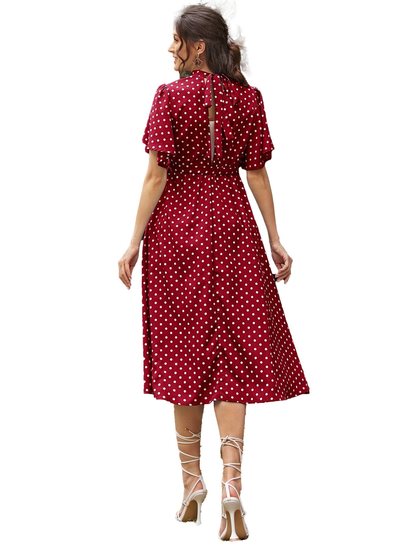 Fashionable and comfortable short sleeved polka dot chiffon maternity dress with straps