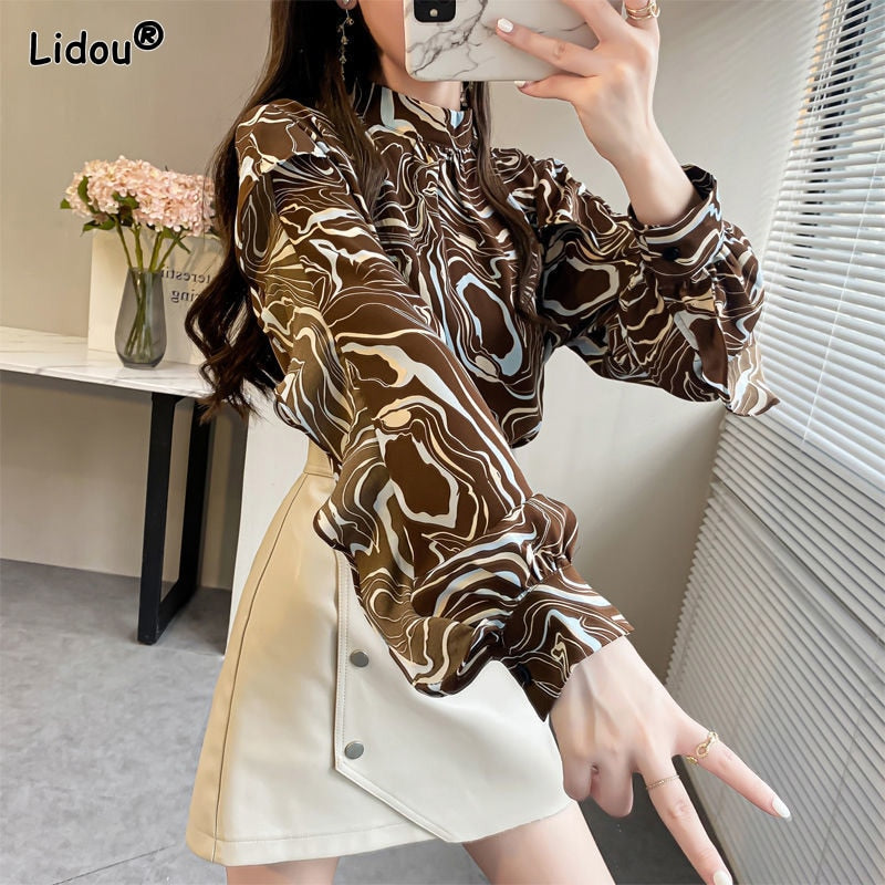 Spring Autumn Women's Clothing Stripe Print Lantern Sleeve Tops Elegant Fashion Loose Chiffon O Neck Comfortable Wild T-shirts