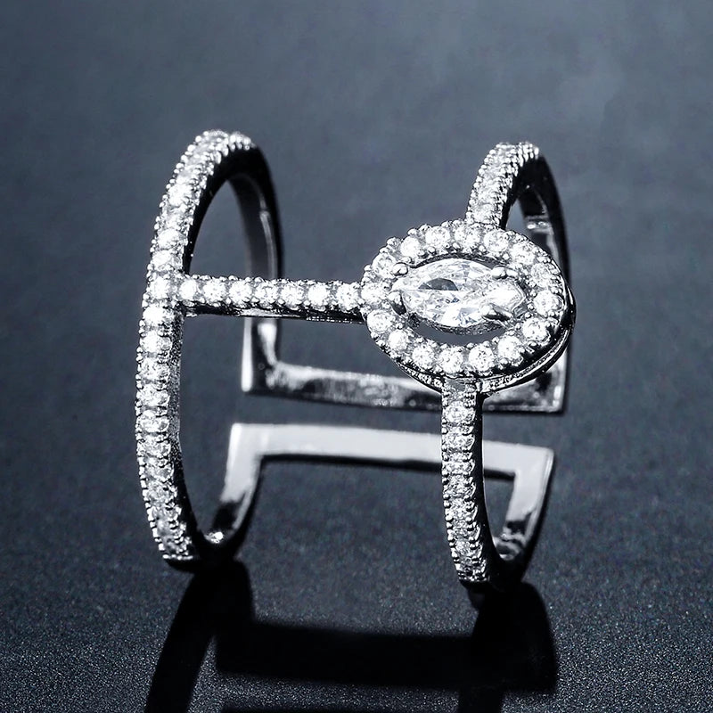 Women Rings Adjustable Size Fashion Double Hoop Cubic Zirconia Open Rings Girls Party Jewelry